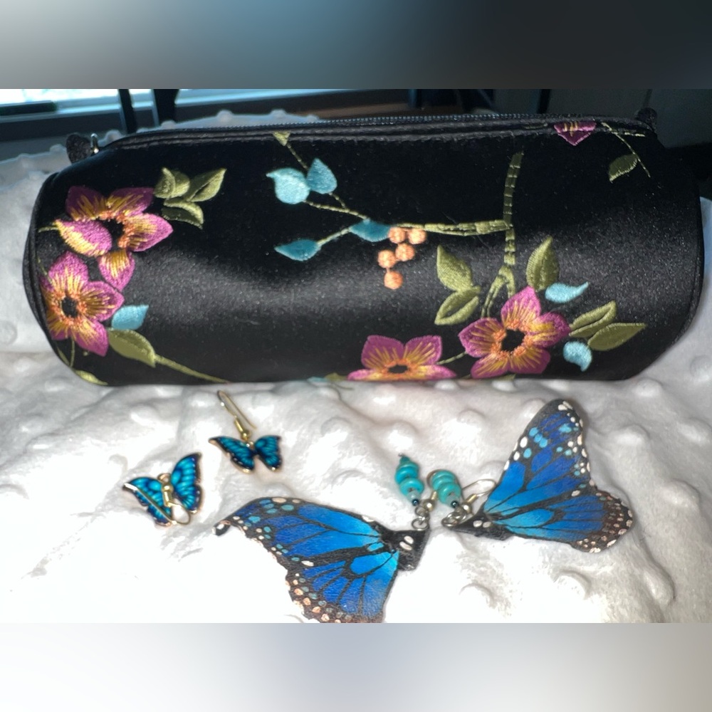 Neiman Marcus Black & Pink silk jewelry pouch & blue Butterfly Earrings monarch